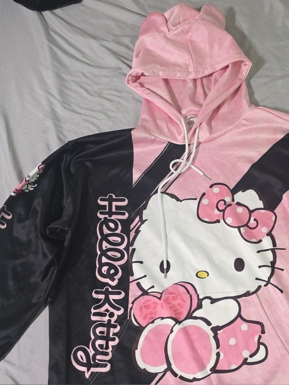 Hello Kitty Pink & Black Velour Hoodie with Character Print